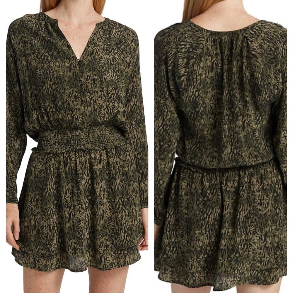 Rails Jasmine Olive Static Womens Printed Smocked Mini Dress Size M